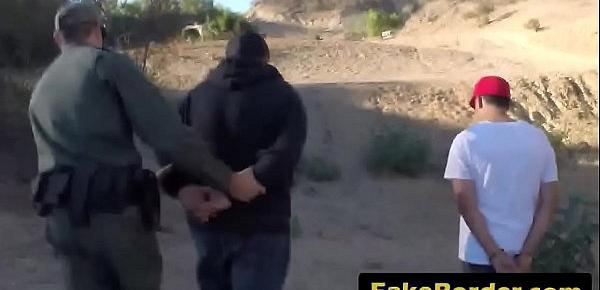  Two border agents in a threeway fuck with a sexy brunette immigrant slut